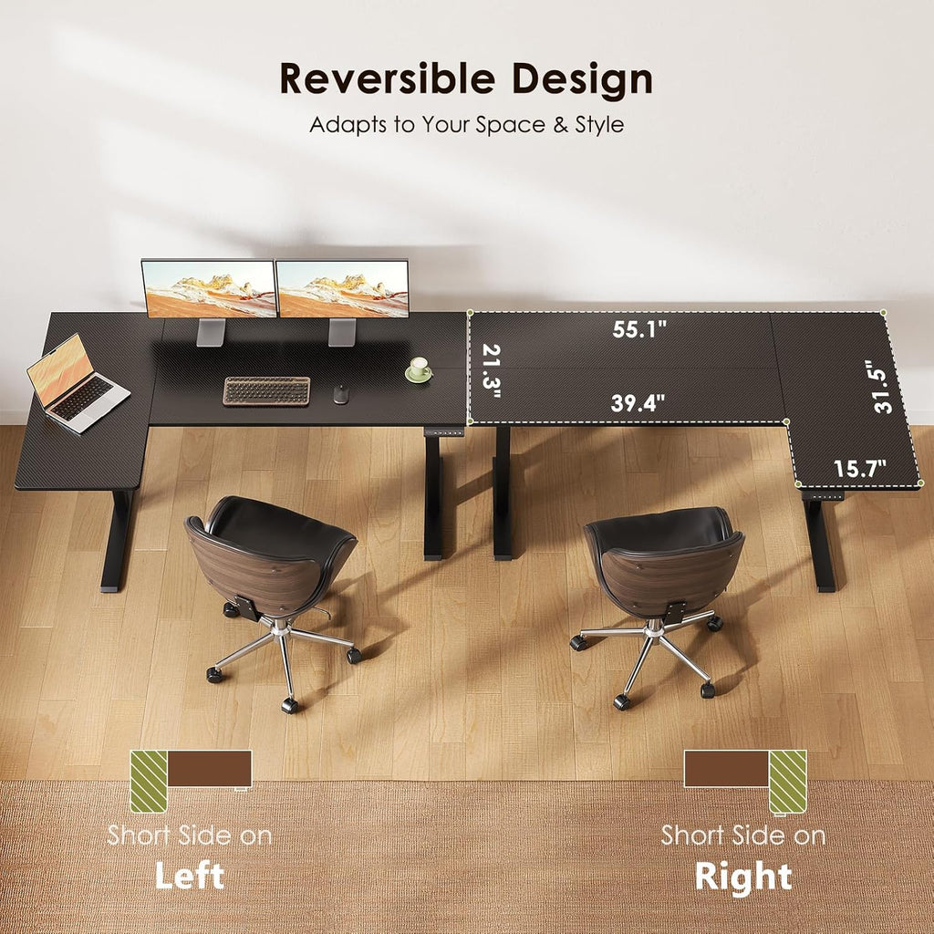 55" Reversible L Shaped Electric Standing Desk, Carbon Fiber Black | Corner Height Adjustable Computer Table, Stand