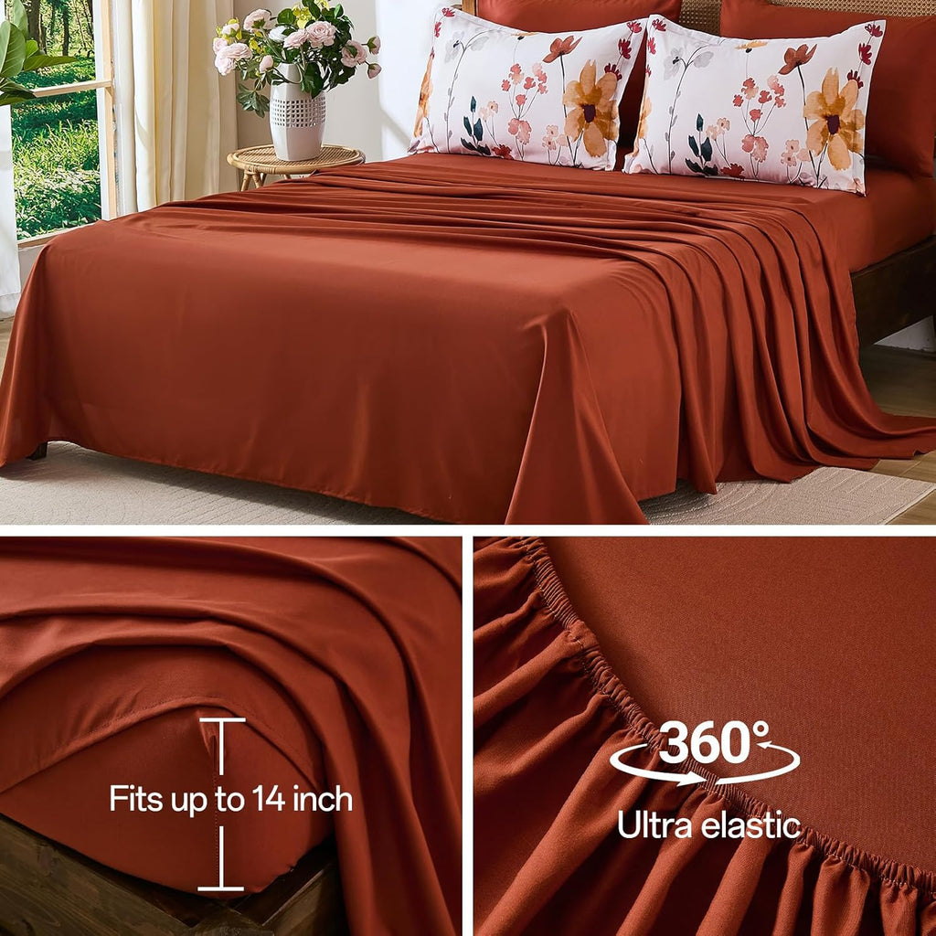 8-Piece King Comforter Set, Orange Watercolor Floral Bed in a Bag with Sheets and Pillowcases