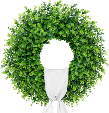 28'' Large Boxwood Wreaths Front Door Artificial Green Spring Wreath with Sash Wreaths for Front Door Farmhouse