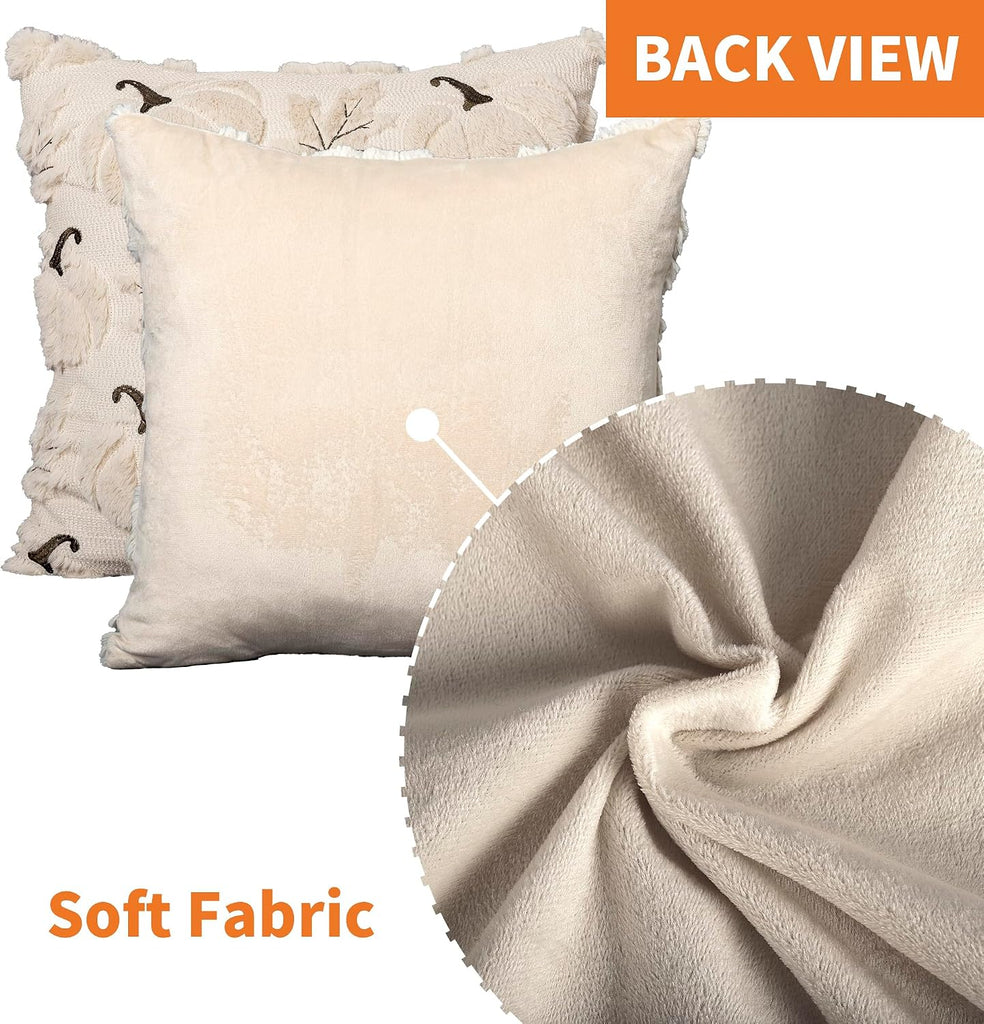 Fall Pumpkins Leaves Decorative Pillow Covers 18"x18", Beige Soft Plush Faux Fur Throw Cushion Cases - Set of 2