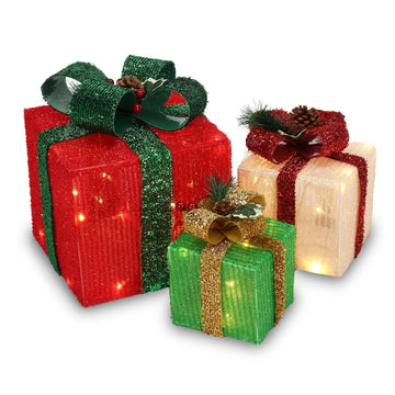 Christmas Lighted Gift Boxes Set of 3, Weather Proof Present Boxes Ornament Home Decor Pre-lit 60 LED Lights