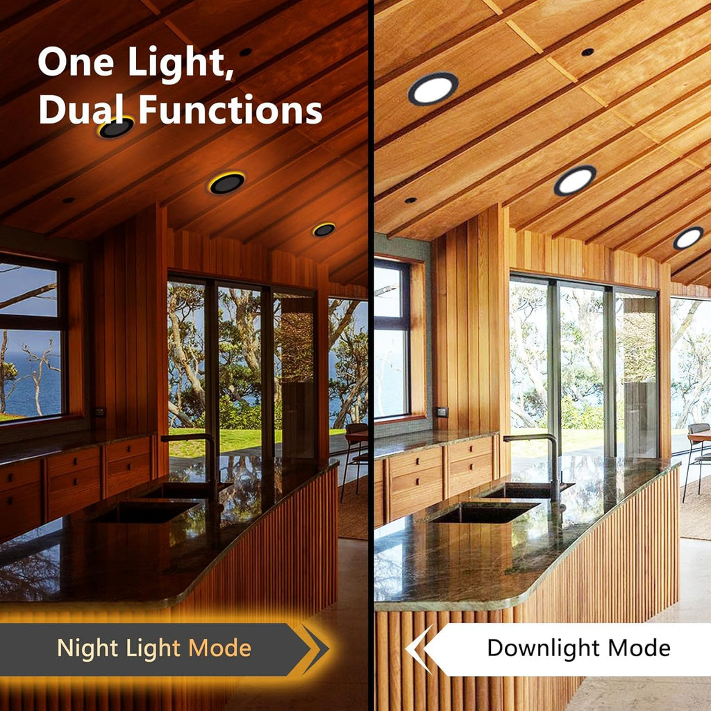 6 Inch Black Recessed Lights with Night Light, 16 Pack