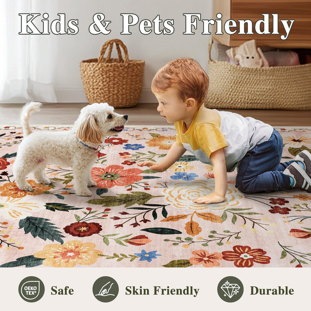 2x6 Washable Runner Rug Beige Boho Floral Kitchen Bedroom