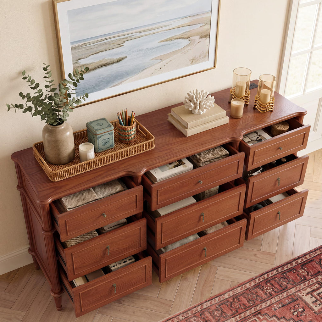 63" 9-Drawer with Power Outlet, Architectural Wood Storage Chest with Framed Drawers, Vintage Metal Pulls and Solid