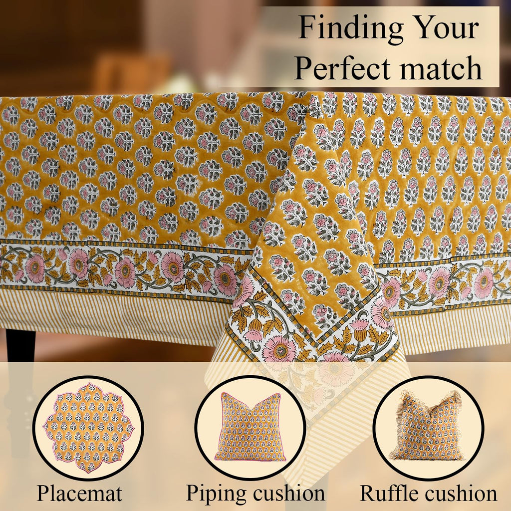 CPC Yellow Citrine Block Print 100% Cotton Rectangle Tablecloth 60x90 Inch