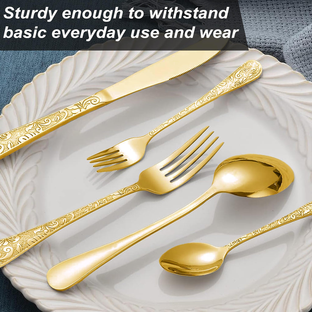 Vintage Carved Gold Stainless Steel 20-Piece Flatware Set