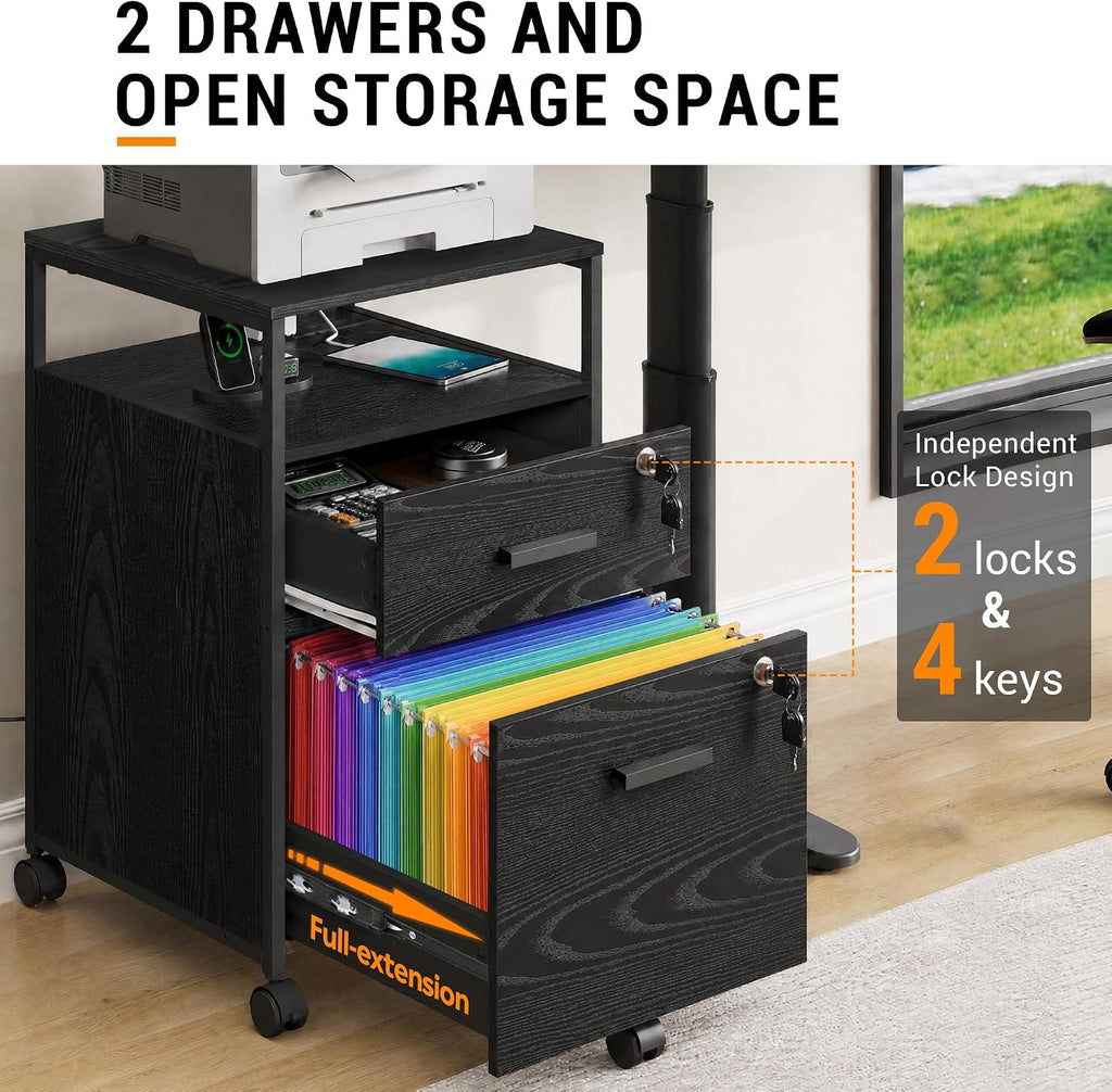 2 Drawer File Cabinet with Lock and Charging Station | Wood Filing Cabinet fits A4 or Letter Size, Mobile Printer