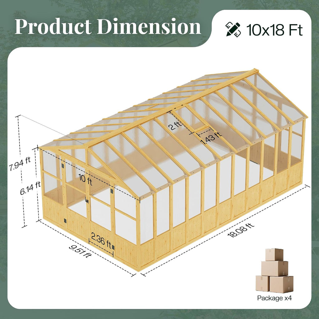 10 x 18-Ft Wooden Greenhouse | Walk-In Cedar Frame, Lockable Door, 2 Adjustable Roof Vents, Polycarbonate Panels, for