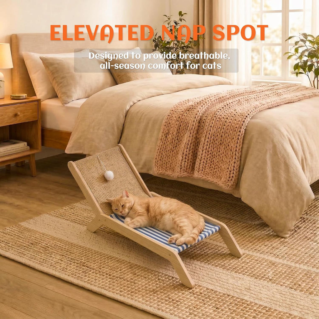 Cat Hammock with Coconut Palm Tree Scratching Post, Cozy Beach Chair Elevated Cat Beds, Original Lounger for Indoor