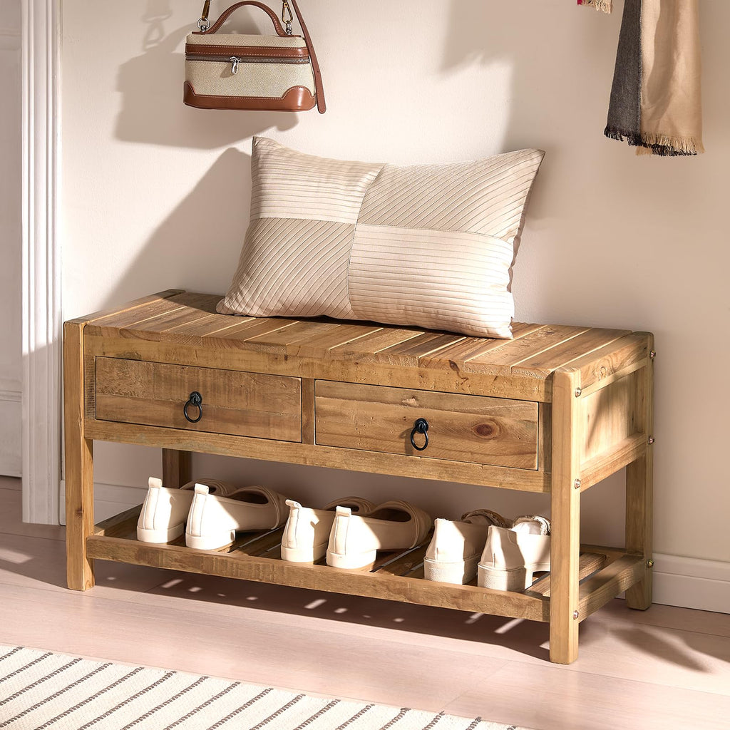 31.3" Reclaimed Solid Wood Entryway Bench with 2 Drawers & Shelf