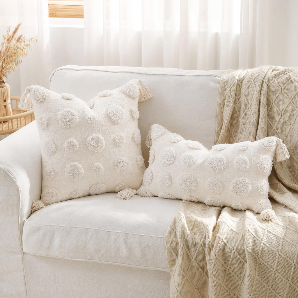 Super Soft Farmhouse Decorative Plush Throw Pillow Covers 22 x 22 White, Solid Pom pom Tufted with Tassels Modern