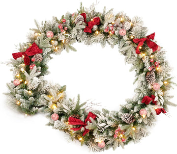 9FT Pre-lit Flocked Snow Christmas Garland, Berries and Bows and 50 Lights, Plug , Holiday Decoration Fireplace
