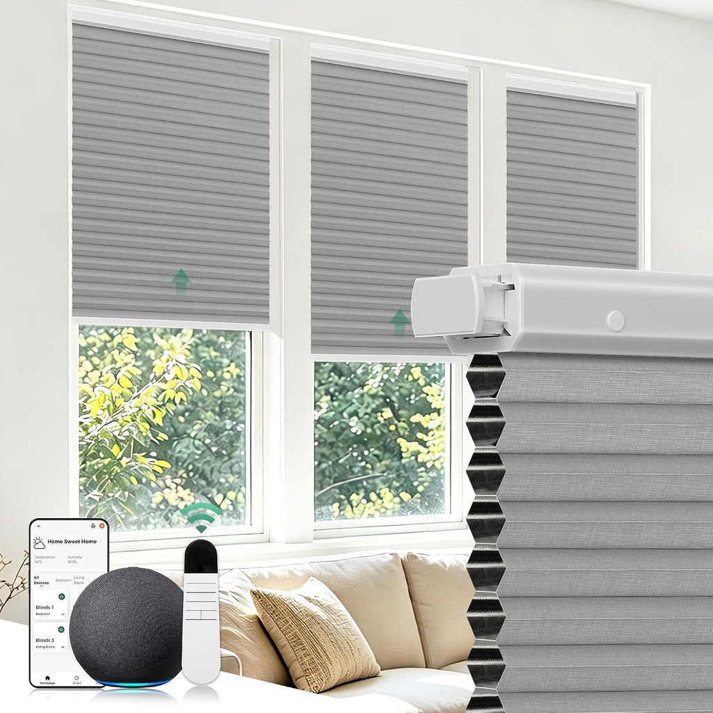 Motorized Cellular Shades No Drill with Remote,White, | Easy - Volcanic Gray