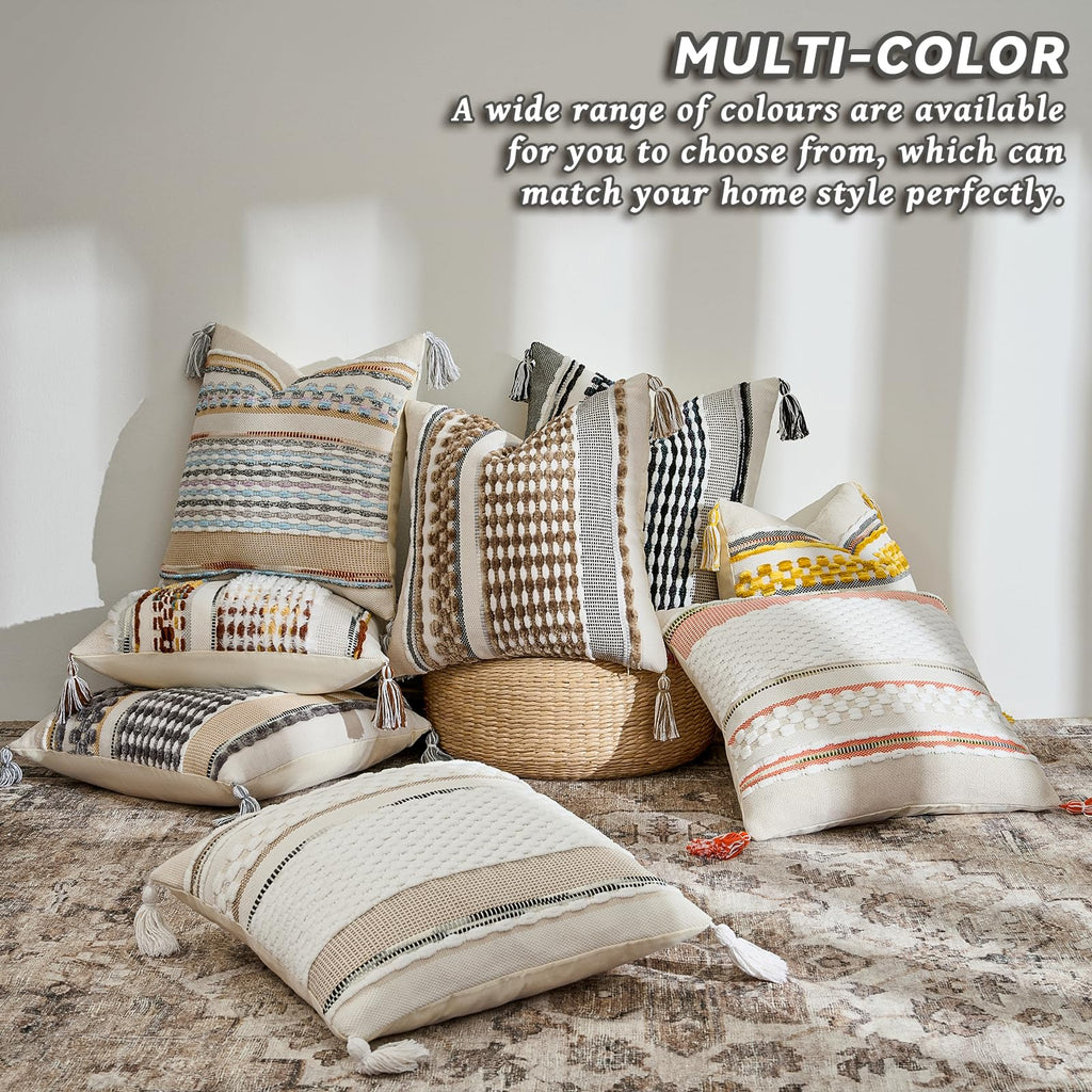 Set of 2 Chenille Striped Textured Boho Throw Pillow Covers Aesthetic with Tassels Woven Decorative Pillow Case for