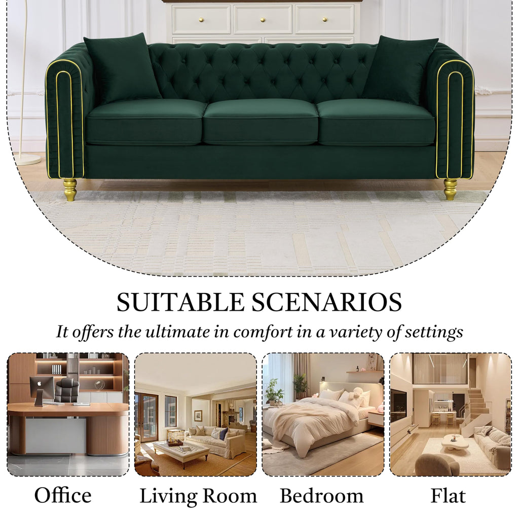 86" Chesterfield 3-Seater Velvet Sofa Couch, Button Tufted Rolled Arms with Gold Piping, Gold Metal Legs, Modern