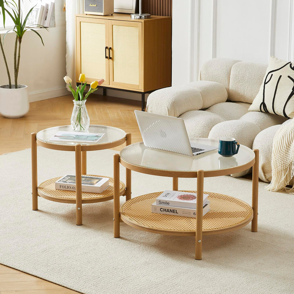 19.6" Boho Rattan Coffee Table, Round Tempered Glass Metal