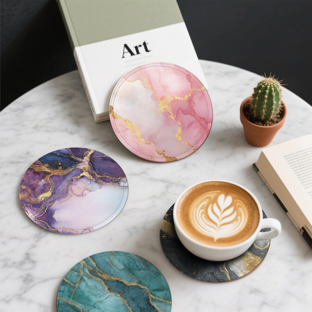 Coasters Leather Round Drink Coasters 6 Pcs Set with Holderor for Cup Drink Coffee Table Bar Home Decor
