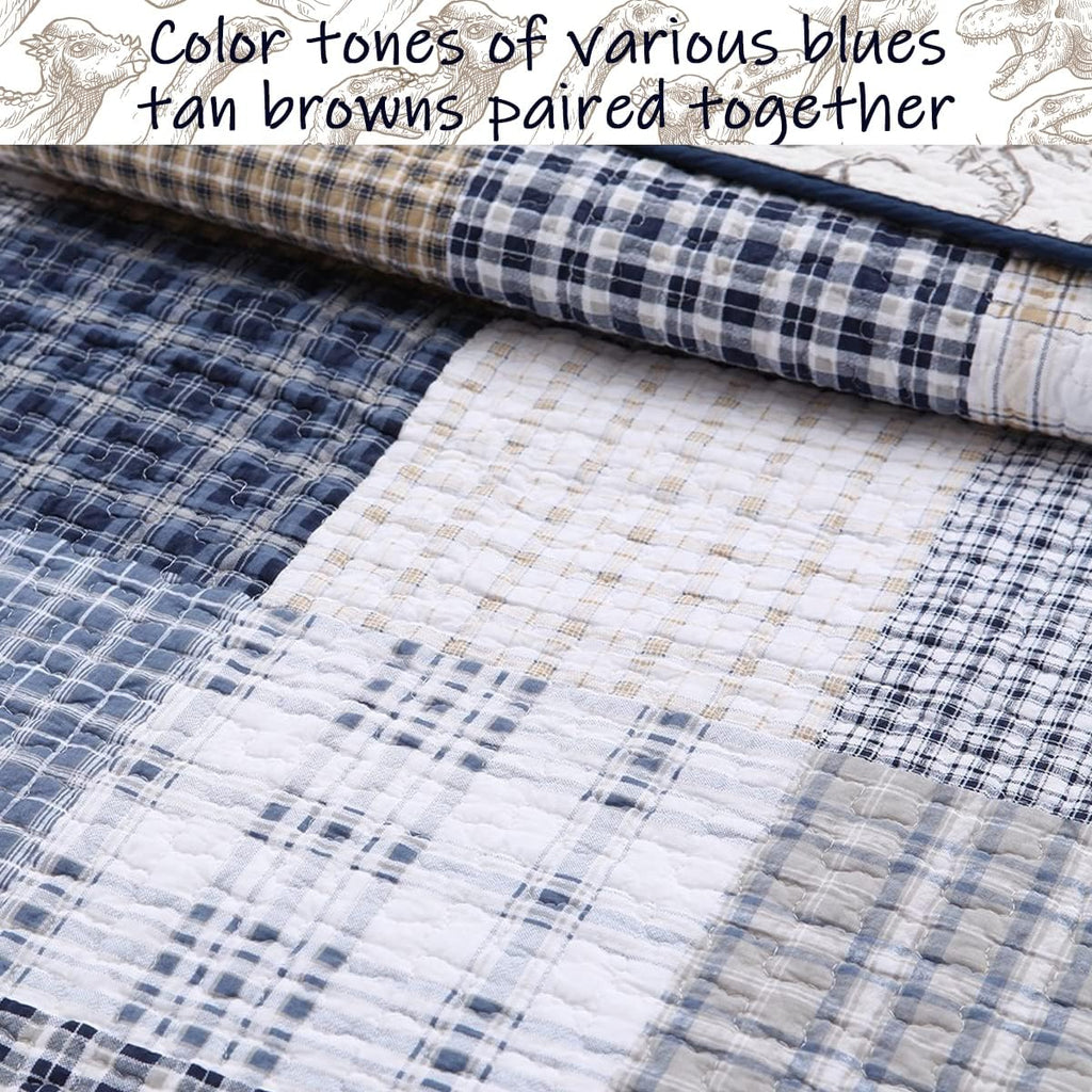 Cute Dinosaur Plaid Navy Blue White Grey Bedding Quilt Set 100% Cotton Reversible Coverlet Bedspread Set for