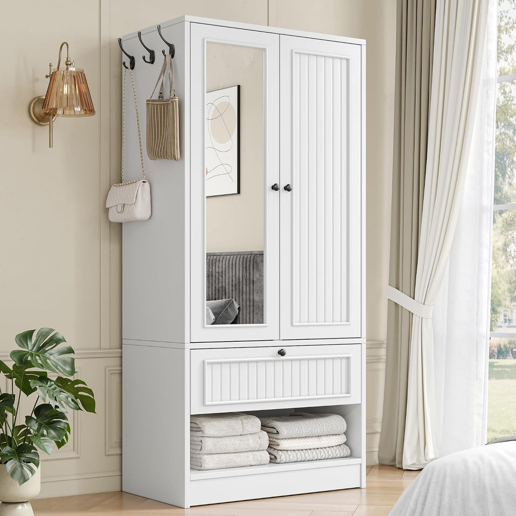 70" Armoire Wardrobe Closet with Doors & Mirror,Wooden Wardrobe with Drawers and 3 Side Hooks,Large Freestanding