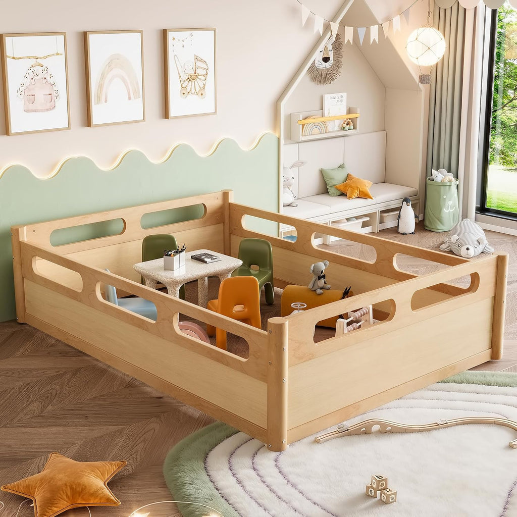 Pine Wood Floor Bed Frame with 16.5"Full-Length Guardrails