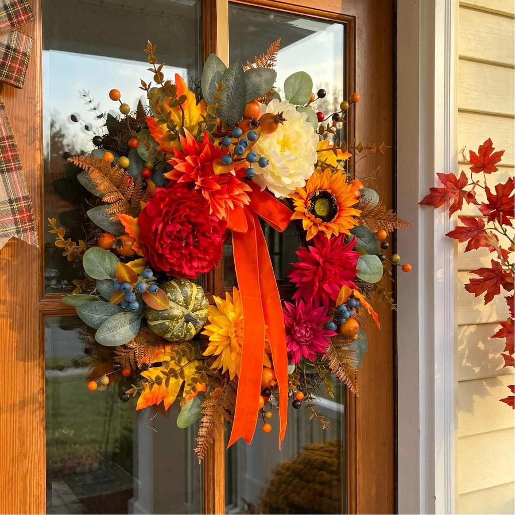Fall Wreaths for Front Door Outside, 24 Inch Autumn Outdoor Wreath