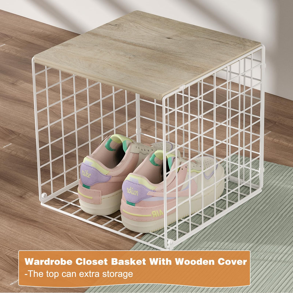 3PCS Stackable Closet Organizers and Storage, Closet Shelves with Wood Top Extra Storage, Clothes Storage Organizer