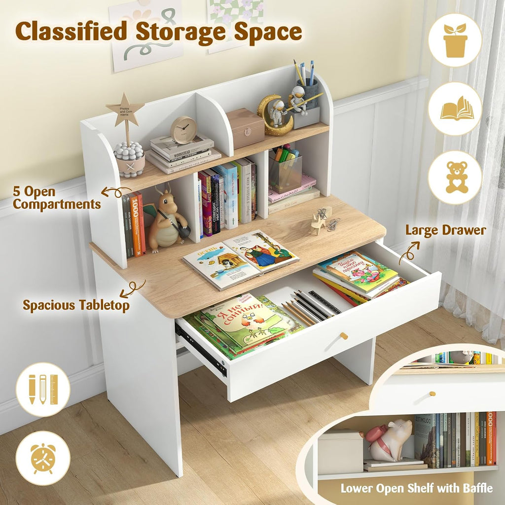 White Kids Desk, Wooden Children School Study Table with Hutch, Pull-Out Drawer, Storage Shelves, Student Writing