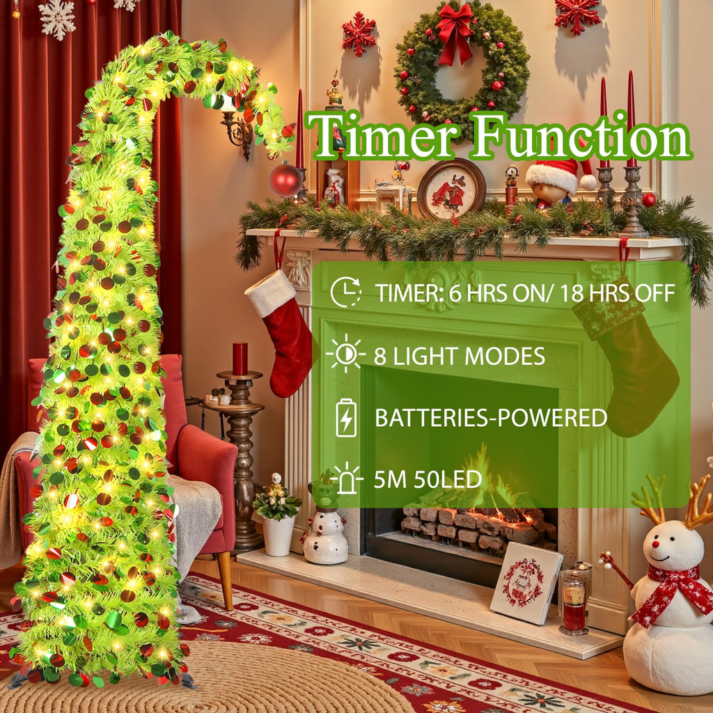 5 FT Whimsical Pop Up with Timer Lights, Lime Green Christmas Tinsel Tree Collapsible Artificial Curved Pencil Tree
