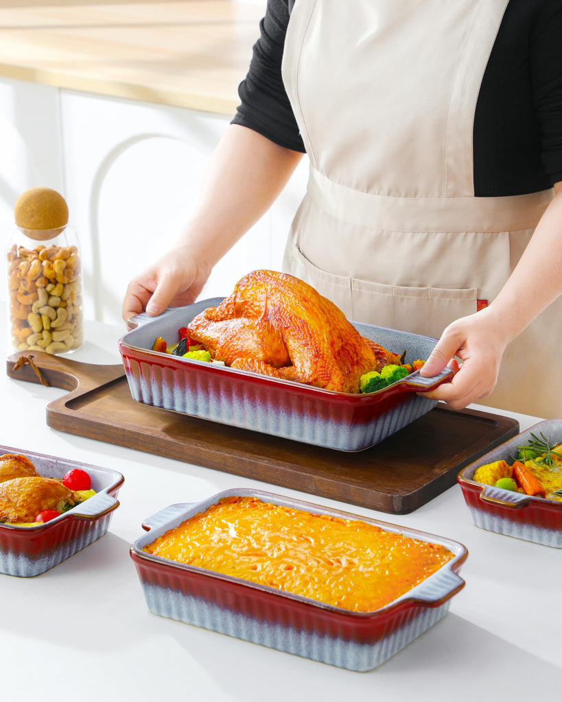 Ceramic Casserole Dishes for Oven, Reactive Glaze Baking Dishes Set of 4, Deep Rectangular Lasagna Pans with Handles