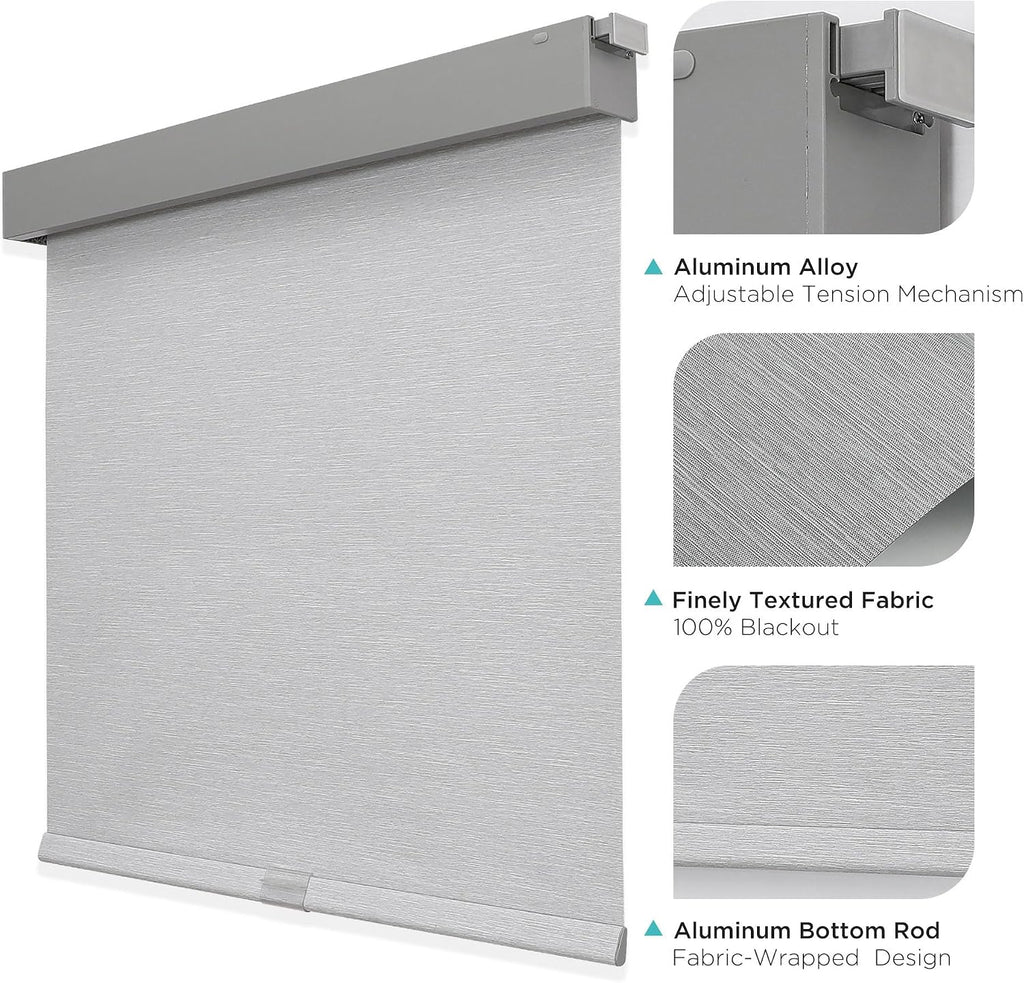 No Drill Blackout Roller Shades, 35" W X 75" H, Grey | Fast Installation, UV Protection, Cordless Blinds for Indoor