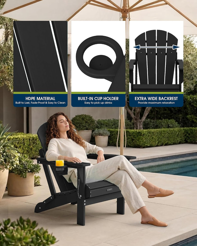 Folding Adirondack Chairs 2 Pack, Patio & Outdoor Chairs, Plastic Weather Resistant with Cup Holder for Deck
