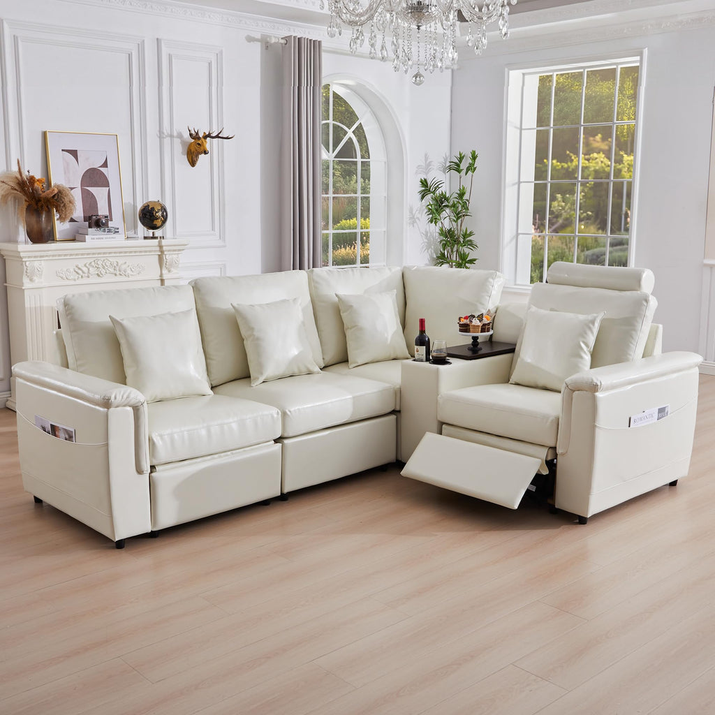Faux Leather Sectional Sofa, L Shaped, 4 Seater, Beige