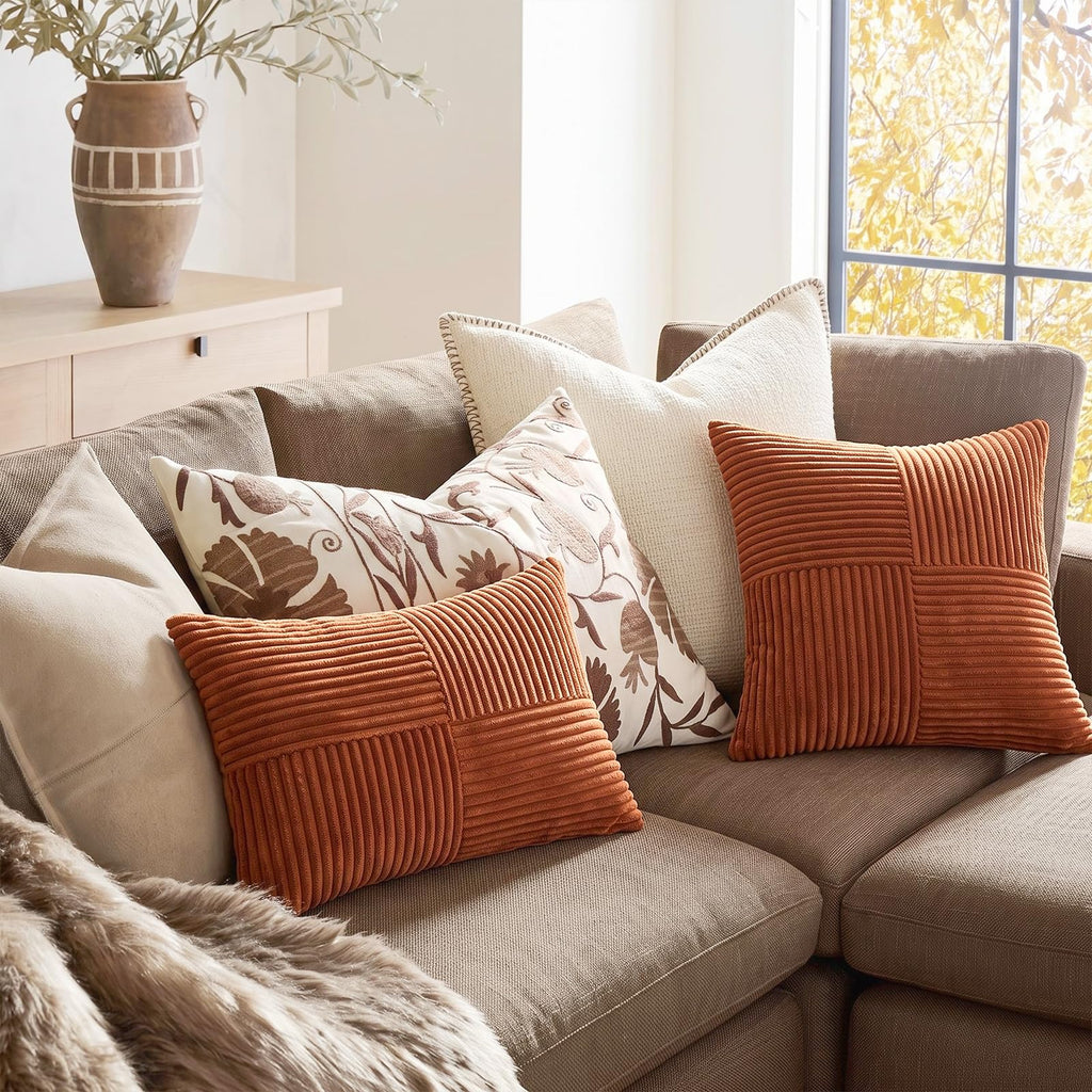 2 Packs Rust Decorative Throw Pillow Covers 20x20 Inch Couch, Rustic Farmhouse Boho Home Decor, Soft Corss Corduroy