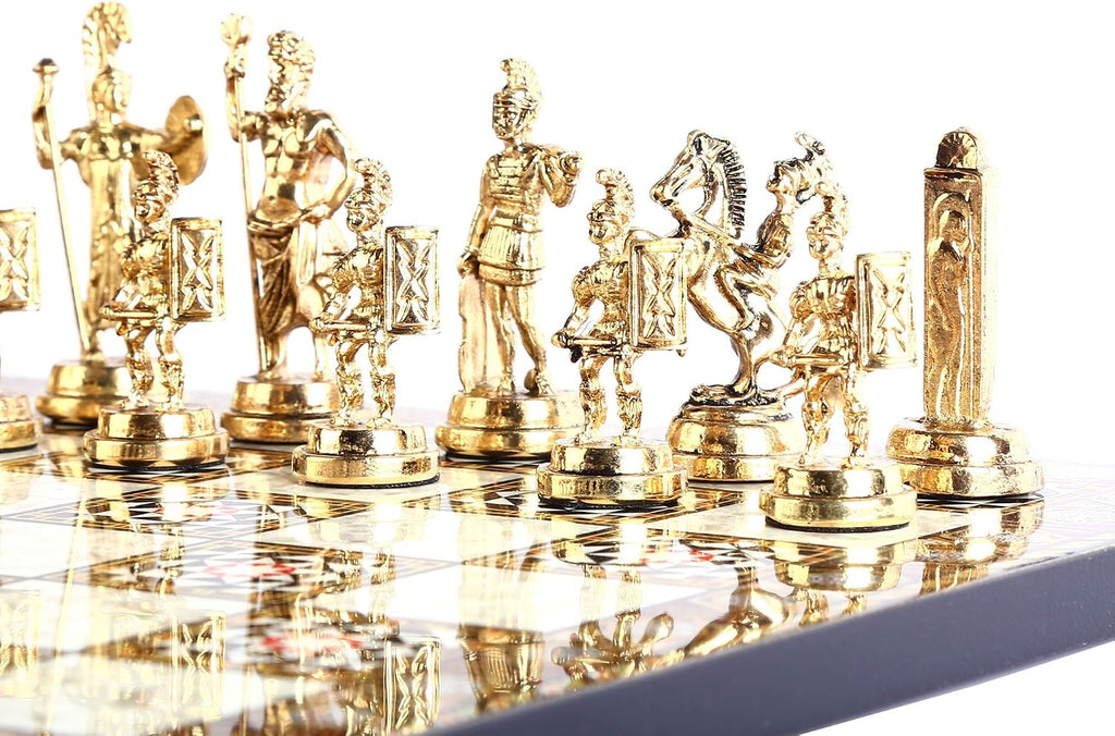 Historical Roman Figures Metal Chess Set for Adults, Handmade Pieces and Mosaic Design Wooden Chess Board King 2.8 inc