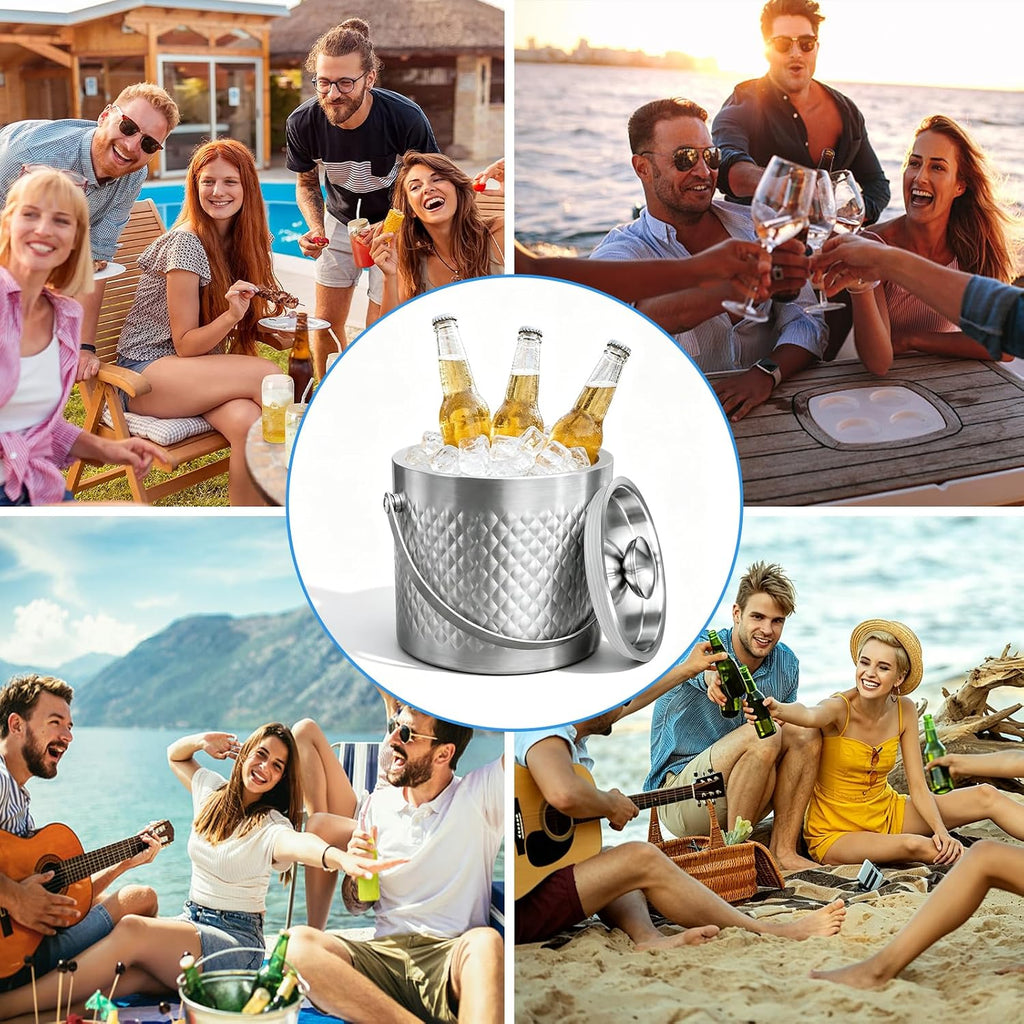 3.6 QT / 3.4L Stainless Steel Ice Bucket with Lid, Scoop & Tongs, Double Wall Insulated Ice Bucket for Parties