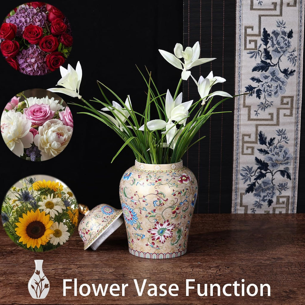Chinoiserie Ginger Jar, Blue and White Porcelain Ceramic Vase with Gold Colorful Floral Design, 8" Decorative Ginger