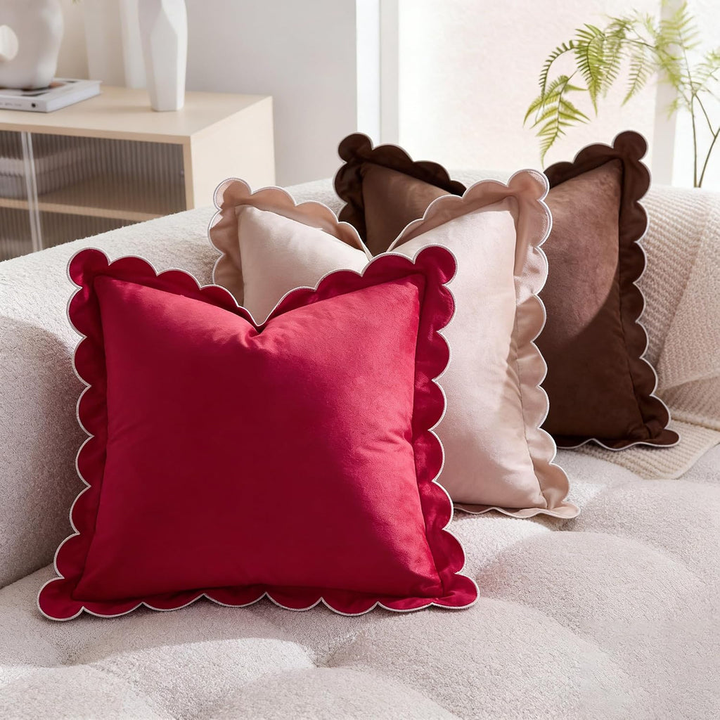 Christmas Pillow Covers 18x18 Inch Red Holiday Throw Pillow Covers Scalloped Ruffle Velvet Couch Pillows - Set of 2