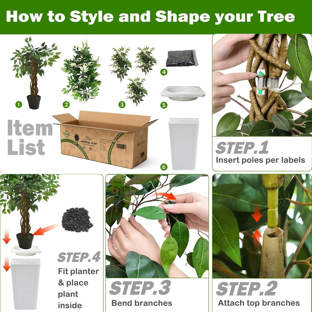 Artificial Ficus Tree 6FT Faux Floor Tree with Planter UV Resistant Potted Fake Silk Plant - Indoor Outdoor Lifelike