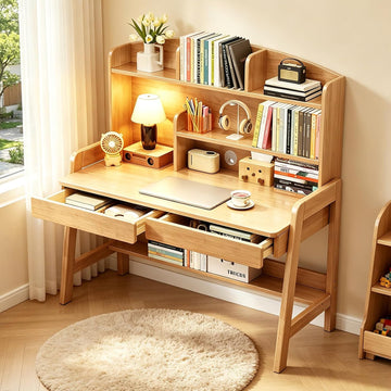 Kids Study Desk with Hutch and Storage Drawers, Level Height Adjustable Children's Writing Table, Solid Wood Kids &
