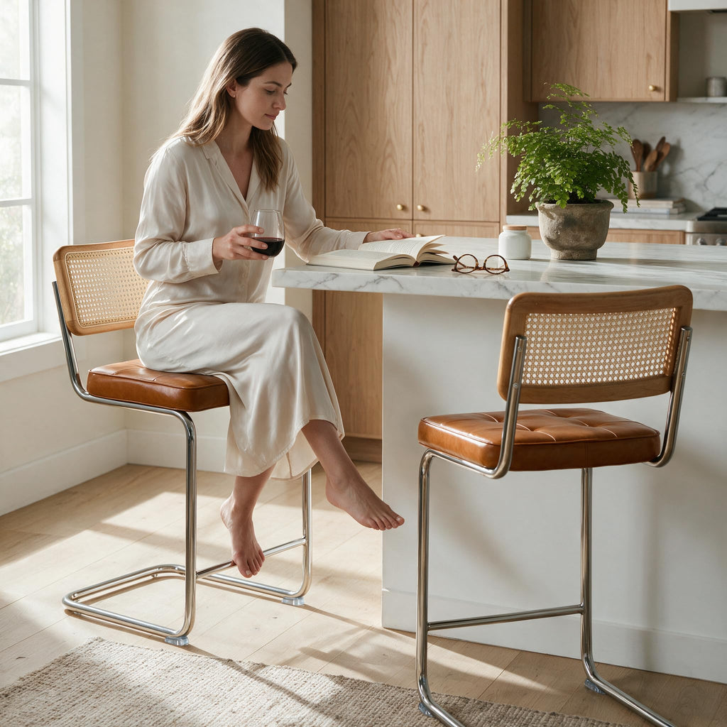 Natural Rattan Bar Stools Set of 2 with Solid Wood Back, 24 Inch Mid Century Modern Counter Height Stools, Brown Faux