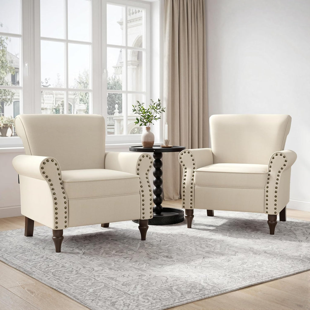 Wingback Accent Chairs Set of 2, Living Room Chair with Wood Legs, Beige | Mid-Century Modern Upholstered Armchair