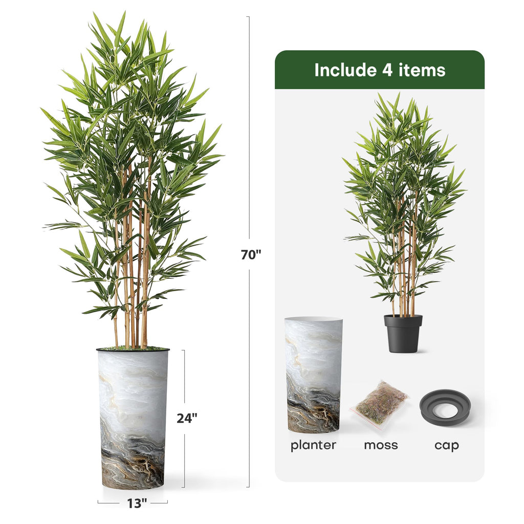 Tree in Modern Granite Effect Planter, Fake Bamboo Silk Tree for Indoor and Outdoor Home Decoration - 70" Overall