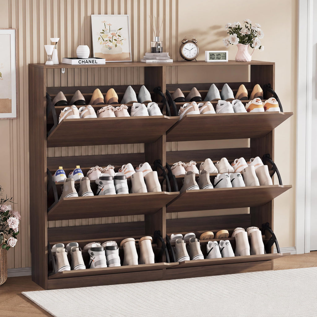 Walnut Hidden Shoe Storage Cabinet with 6 Flip Drawers