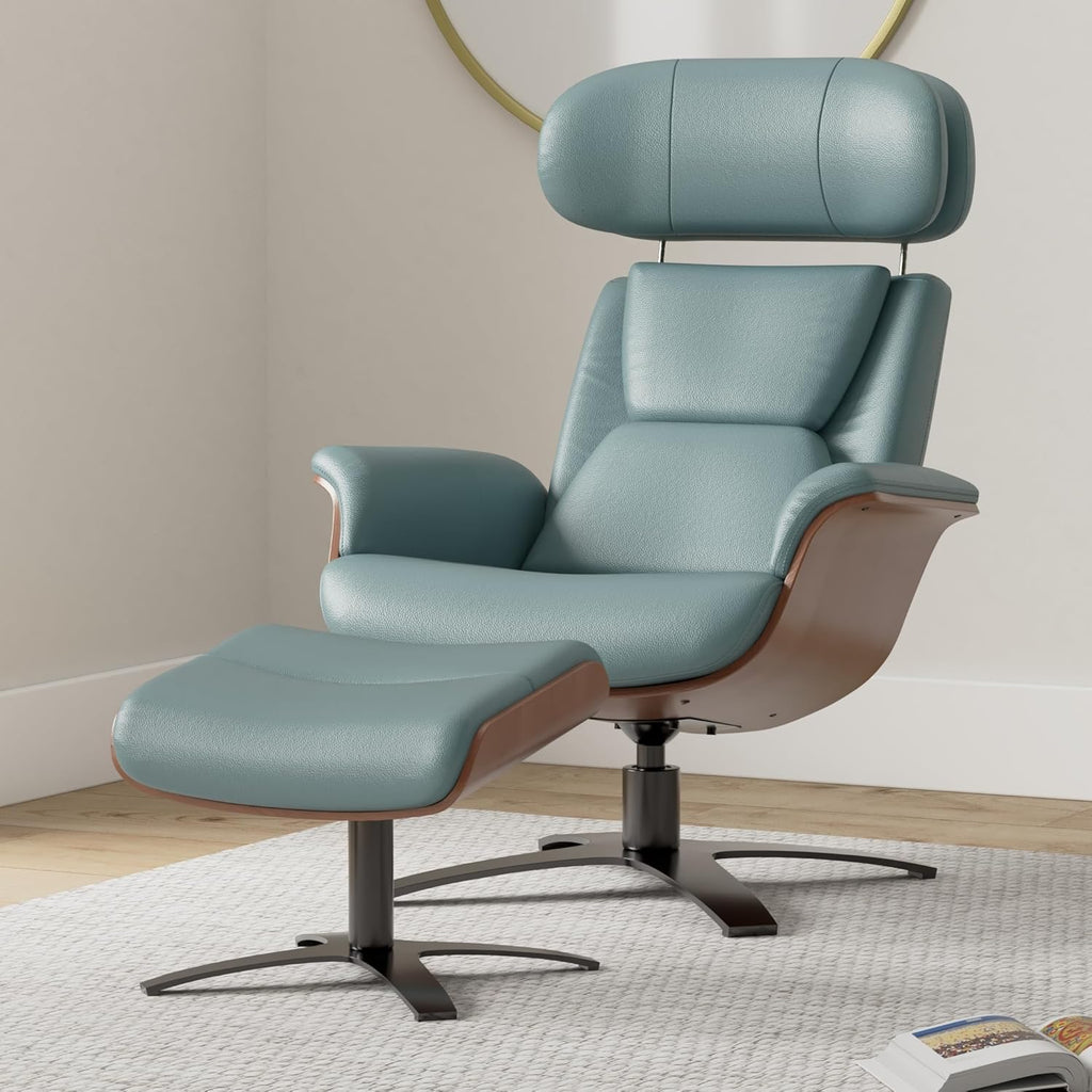 Genuine Leather Reclining Swivel Accent Chair with Ottoman, Teal