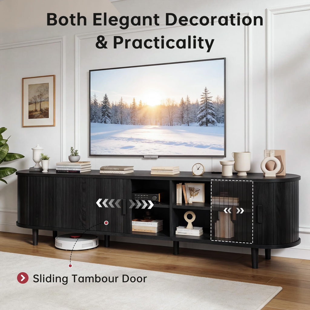 70" Mid Century Modern TV Stand, Wood TV Consoles with Sliding Doors and Power Outlet, Entertainment Center with