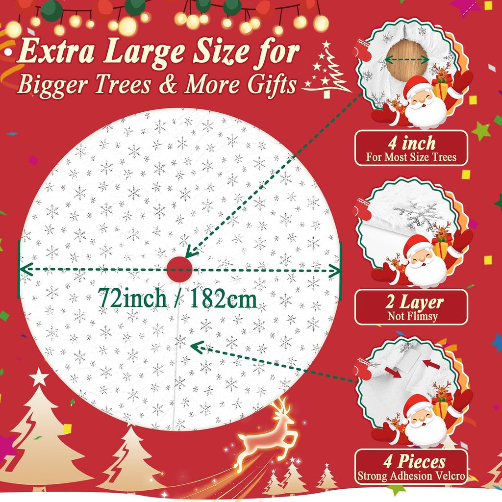 72 Inches Christmas Tree Skirt Holiday Party Decorations White Plush Silver Sequin Snowflake