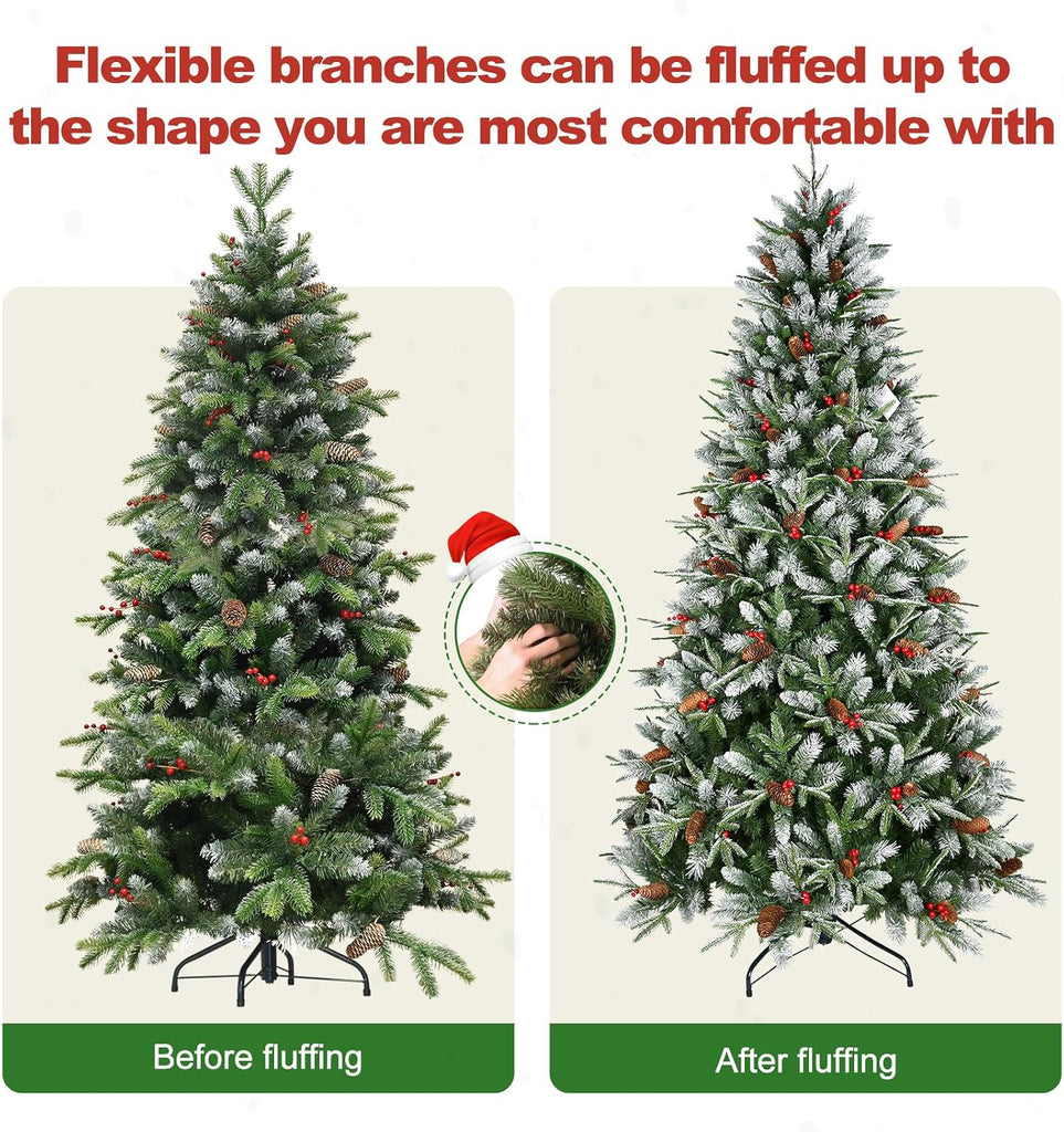 7 Ft Artificial Christmas Tree Pre-Decorated with Snow Flocked PVC&PE Tips, Pine Cones, Red Berries, Unlit Xmas Tree