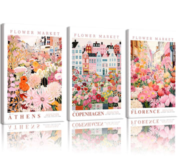 Flower Market Wall, 3-Piece City Floral Canvas Painting, Athens Copenhagen Florence City Picture Prints Wall Decor