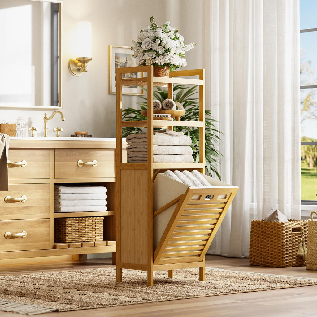 Tilt Out Laundry Hamper, Bamboo Laundry Basket with Foldable Bag and 3 Open Shelves, Freestanding Clothes Storage