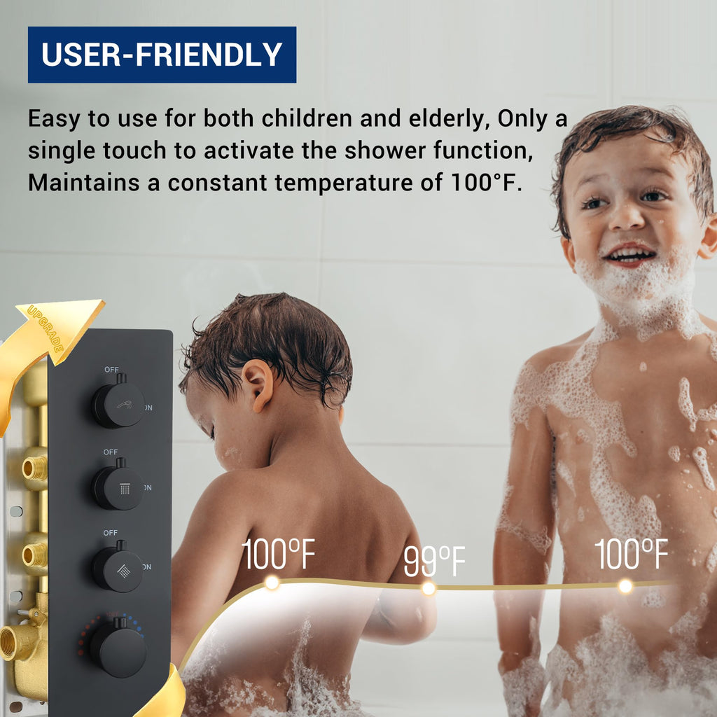 16" Thermostatic Rain Shower System with 6 Body Jets & 16-Inch Rainfall Shower Head, Full Body Shower Faucet Sets